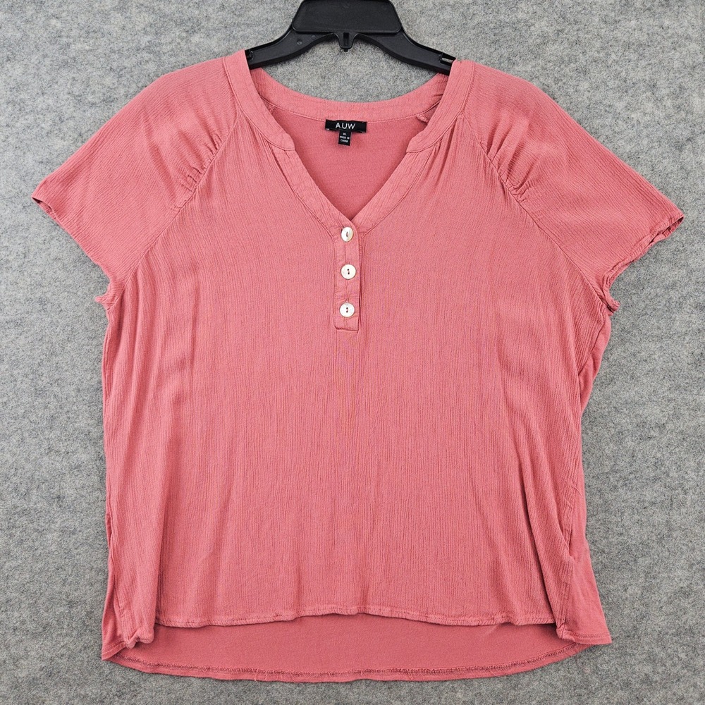 AUW Henley Blouse Women's XL Pink Short Sleeve Rayon Textured Mixed Media Top
